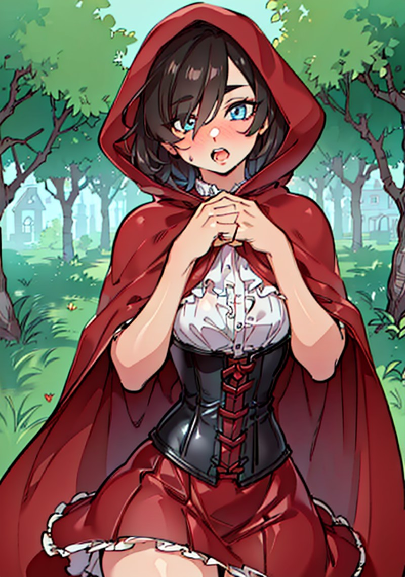 06563-2276856094-(RedHoodWaifu_1), 1girl, cute, (messy hair, brown hair, short hair), (red hood, cape, corset, dress, red skirt), basket, cute po.png